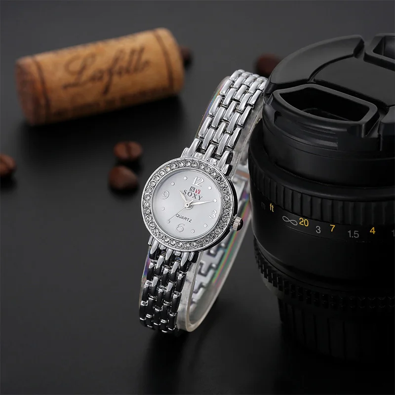 

SOXY Fashion Brand Brief Bracelet Women's Watch Silver Ladies Quartz Wrist Watches Full Stainless Steel Casual Clock montre