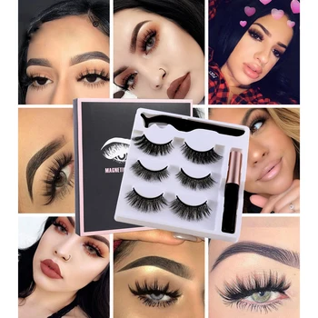 

3 Pairs Magnetic Eyelashes Eyeliner Eyelash Curler Set 3D Natural Long Magnetic False Eyelashes With Magnetic Eyeliner