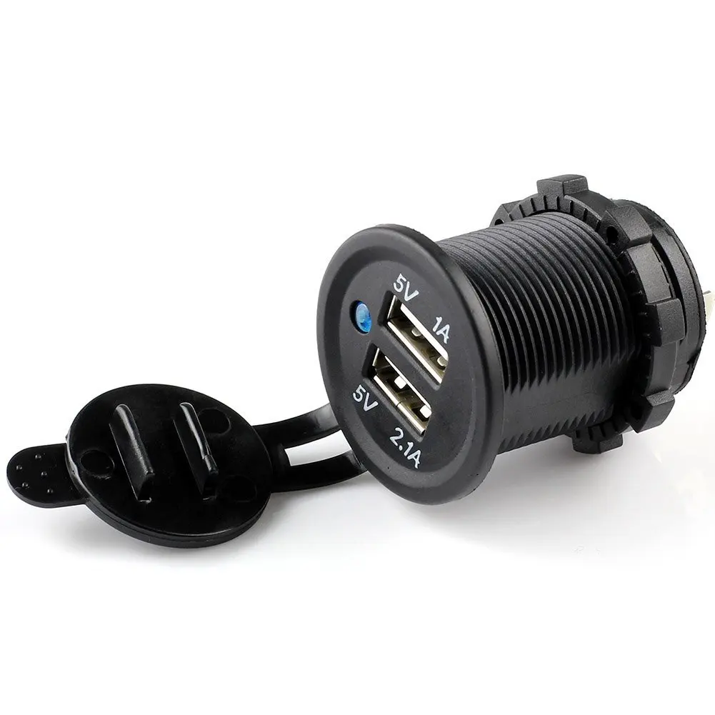 3.1Amp Waterproof Motorcycle Dual USB Port Charger Socket 1A % 2.1A for Car Boat Marine RV Mobile with Blue LED Indicator