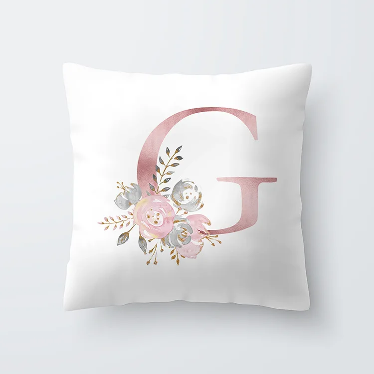 Pink Letter Decorative Floral Pillow Gold Alphabet Cushion for Sofa Polyester Pillowcase Decoration Salon