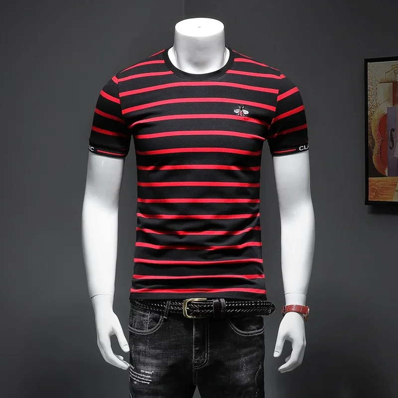 

2019 Summer Bee Embroidery Men T Shirts Striped Cotton 100% O Neck Short Sleeve Slim Fit Tee Shirt Homme Man Fashion Clothing