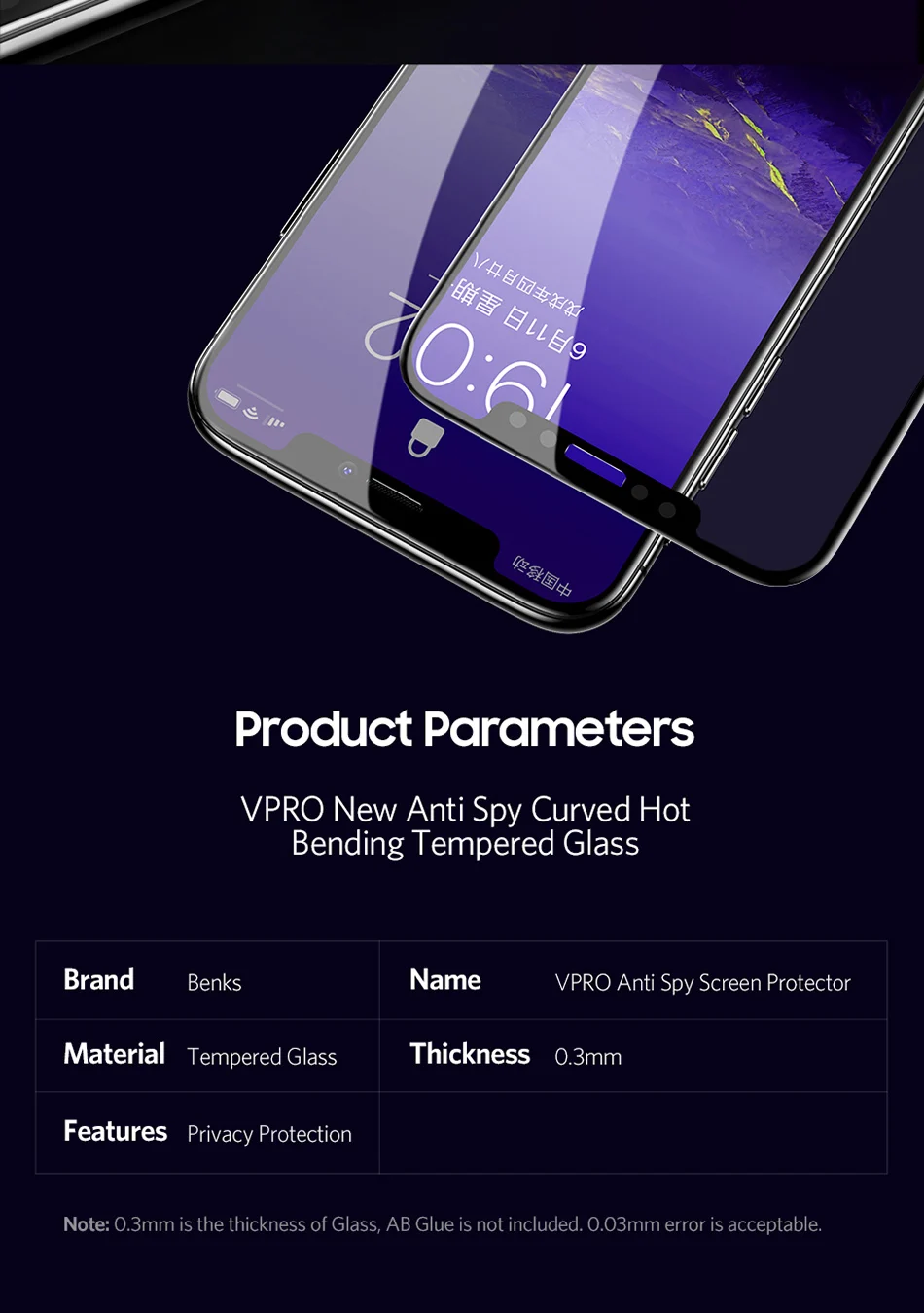 Benks Anti Spy Tempered Glass For iPhone XS 5.8'' XS MAX 6.5'' Full Protection Cover For XR 6.1 Screen Protector Anti Glare Front Film (11)