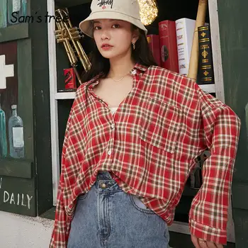 

SAM'S TREE Multicolor Plaid Single Breasted Casual Preppy Women Shirts 2020 Spring Colorblock Drop Shoulder Female Korean Tops