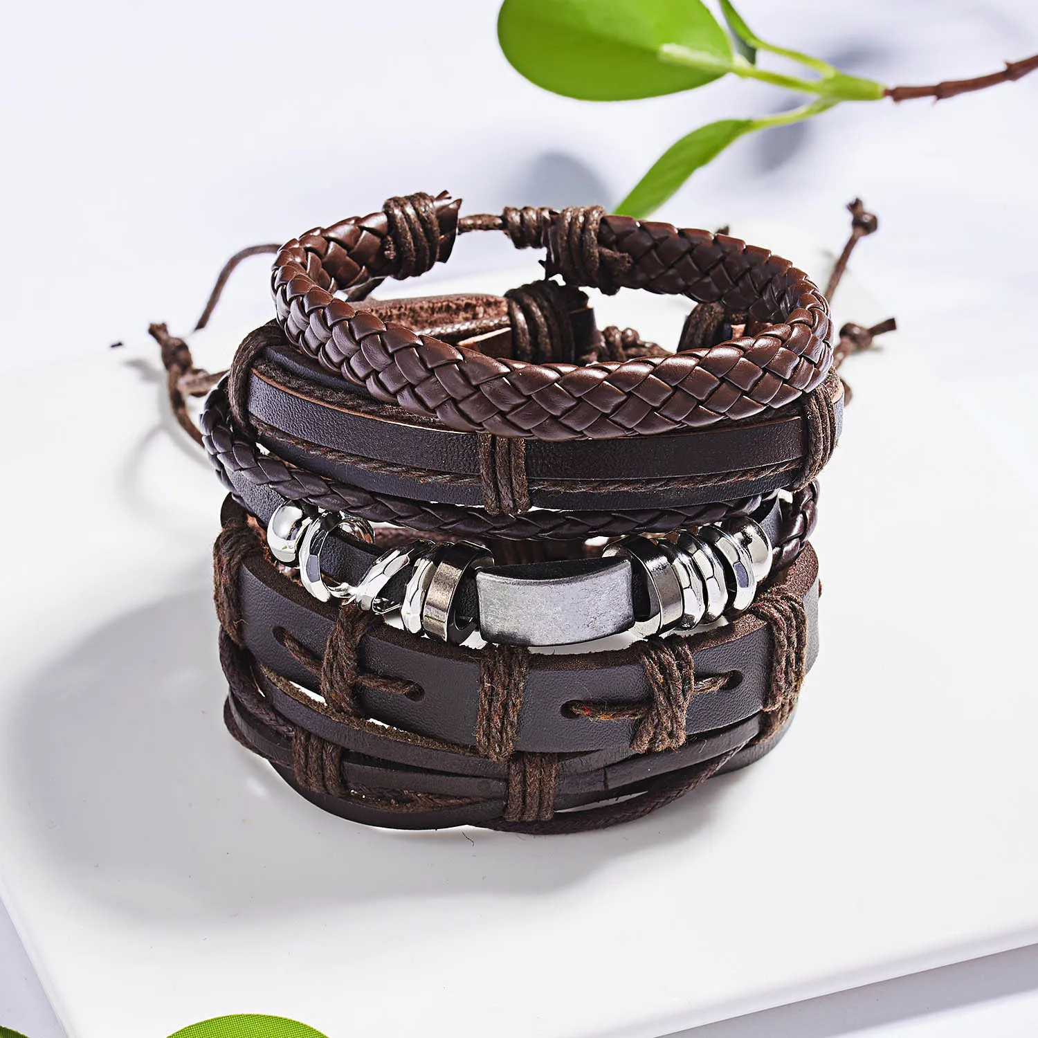 Винтажный Многослойный кожаный браслет с листьями и перьями, мужской модный плетеный браслет ручной работы из стср-веревки, браслеты и браслеты, мужской подарок