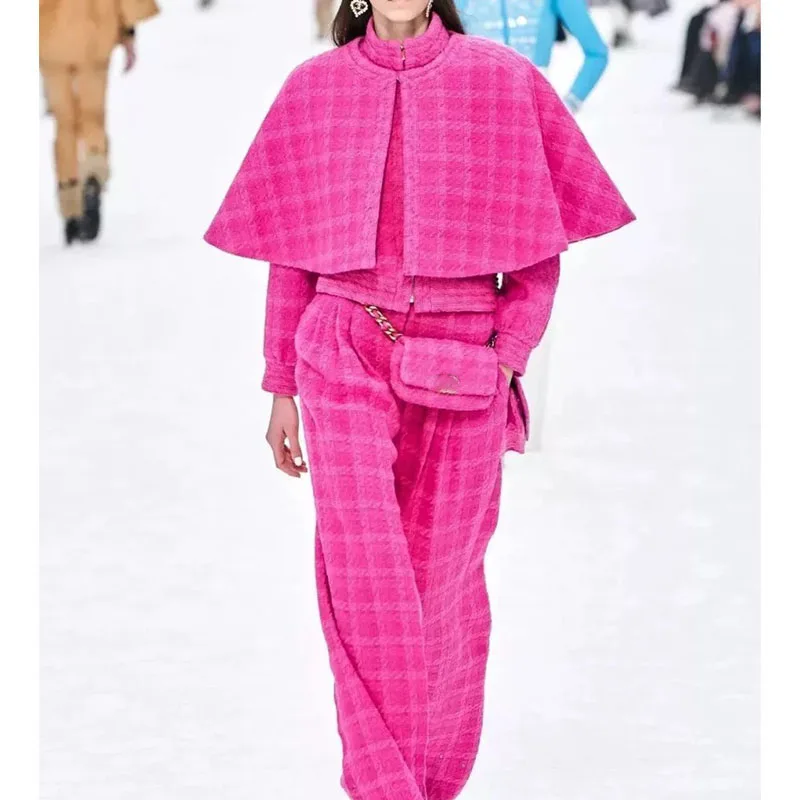 

Cosmicchic 2019 Autumn Winter Runway Tweed Two-Piece Set Violet Retro Fashion Stand Collar Long Sleeve Jackets Cloak Short Coat