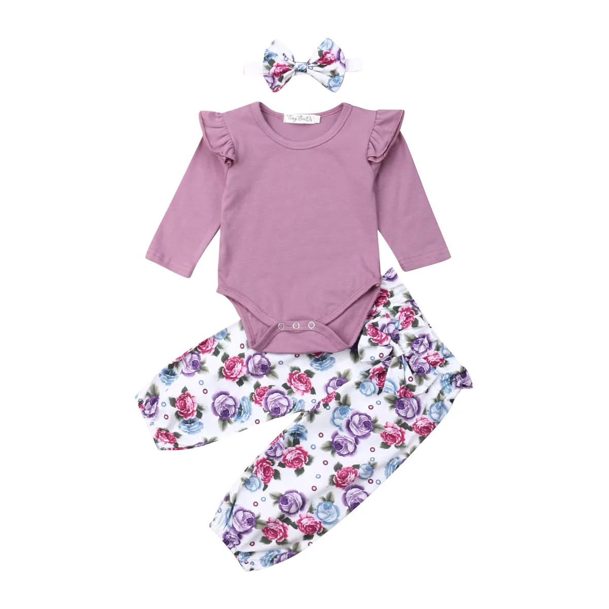 Pudcoco/Одежда для новорожденных девочек хлопковый комбинезон с рукавами-крылышками, топы с цветочным принтом, длинные штаны, повязка на голову, комплект одежды из 3 предметов