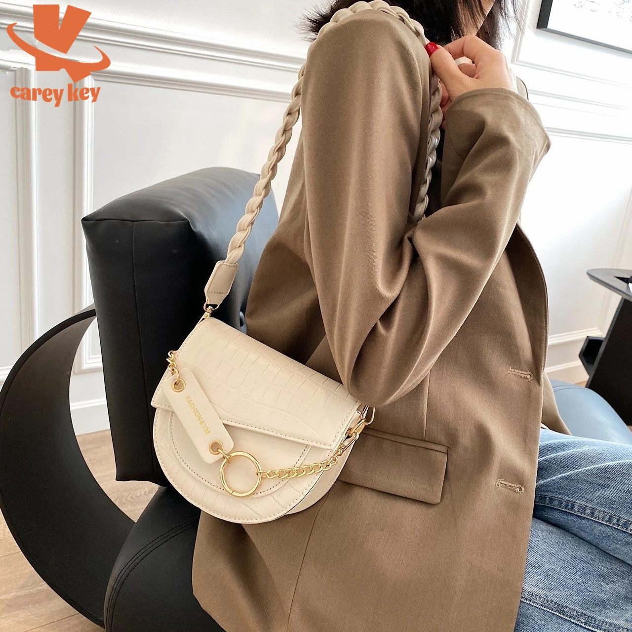 

CAREY KEY Crossbody Bags Women Luxury Brand Crocodile Semicircle Saddle Bags Leather Handbags Bags Designer Ladies Shoulder Bags