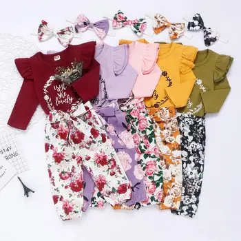 

Baby Girl Clothing Outfits 3Pcs Spring Autumn Baby Girl Cotton Clothes Ruffles Romper+ Flower Harem Pants+Bow Hair Sets 0-24M