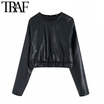 

TRAF Women Vintage Stylish Faux PU Leather Short Style Blouses Fashion O Neck Long Sleeve Elastic Hem Shirts Blusa Chic Crop Top
