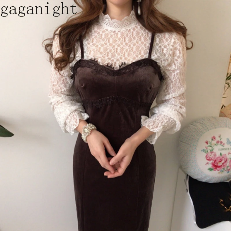 

Gaganight Retro Temperament 2 Pcs Women Set Stand Collar Lace Bottom Shirt + High Waist Hip Side Split Velet Long Ropa Suitx2859