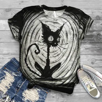 

T-shirts For Women Short Sleeve O-Neck Halloween Cat Animal Printed Tops Casual Plus Size Tee Shirt Blusas футболки оверсайз