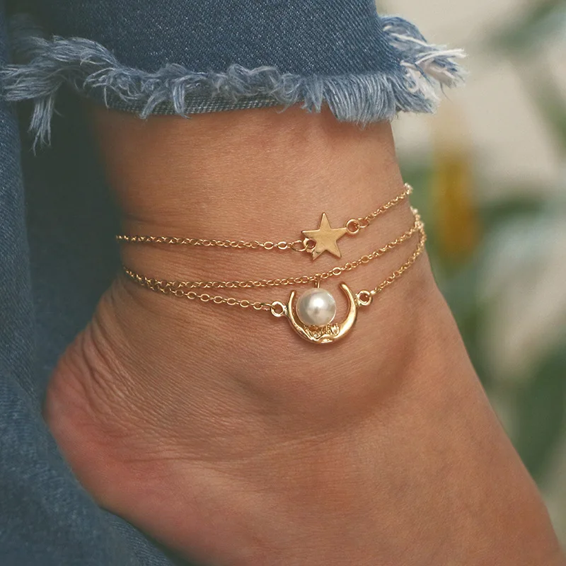 HuaTang 3pc Boho Crescent Pearl Pendant Anklet Set for Women Girl Multilayer Star Charms Foot Chain Beach Jewelry Tobillera 6520 HuaTang 3pc Boho Crescent Pearl Pendant Anklet Set for Women Girl Multilayer Star Charms Foot Chain Beach Jewelry Tobillera 6520