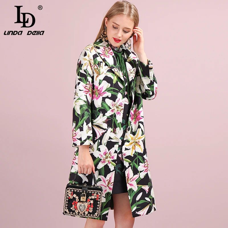 LD LINDA DELLA Autumn Winter Outwear Women's Coats Long Sleeve Floral Printed Button Beading Elegant Vintage Ladies Overcoat