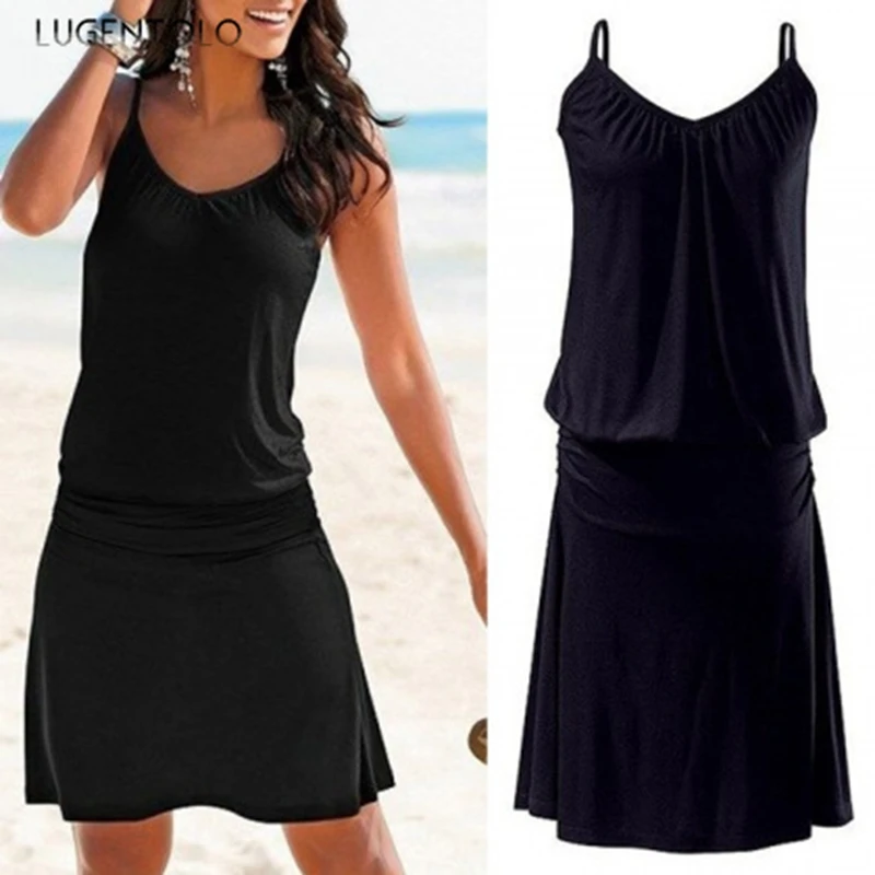 Lugentolo de las mujeres vestido de verano holgada con estampado diseño ondulado playa nuevo estilo Casual sin mangas Sexy mujer Vestido corto vestido