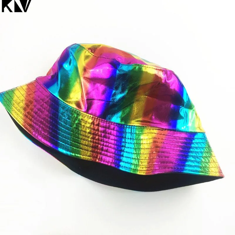 KLV, женская, мужская, Harajuku, хип-хоп, искусственная кожа, ковш, кепка, светоотражающая, металлическая, Радужная, в полоску, Reversiable Packable, Рыбацкая шляпа