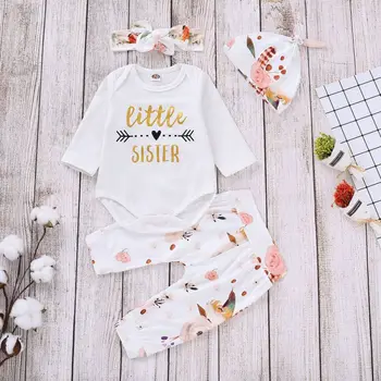 

Autumn Baby Girl Clothes Set Halloween Long Sleeve Letters Romper Tops Floral Trousers Hat Headband Outfits Clothes