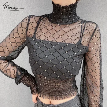 

Prowow Fashion Style Air Mesh Women Crop Tops Solid Black Female Long Sleeves Women Clothes Lady Casual Holiday Party Club Tops