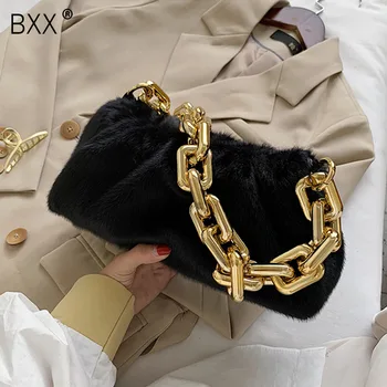 

[BXX] Faux Fur Shoulder Bags for Women 2020 Winter Soft Warm Hand Bag Women's Branded Trending Chain Handbags and Purses HO639