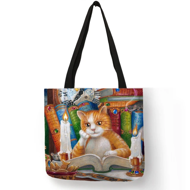 Customize Oil Painting Cat Print Womens Designer Tote Bags Linen Reusable Shopping Bag For Groceries Shoulder Bags for Lady 2020 003