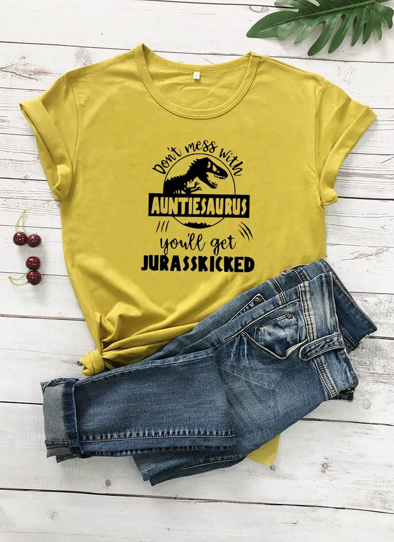 Не связывайтесь с AuntieSaurus Новое поступление графическая женская летняя забавная футболка из хлопка Auntie рубашка подарок для тети лучшая тётя когда-либо - Цвет: mustard-black text