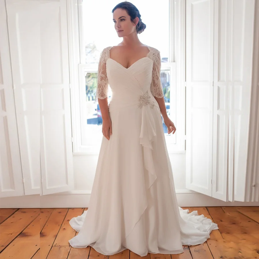 Cheap-Plus-Size-Wedding-Dress-Half-Sleeve-Lace-Pleats-Chiffon-Bridal-Gowns-Custom-Vestidos-De-Novia