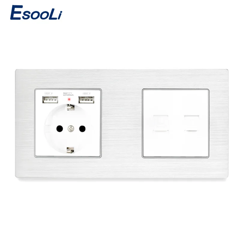 Esooli алюминиевая панель ЕС розетка с 2 USB+ RJ11 телефонный разъем с RJ45 данных компьютер Интернет-разъем розетки - Тип: 172 White Socket