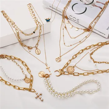 

IF YOU Bohemia Gold Portrait Fashion Moon Pearl Pendant Necklaces For Women Vintage Muklltilayer Coin Long Necklace 2020 Jewelry