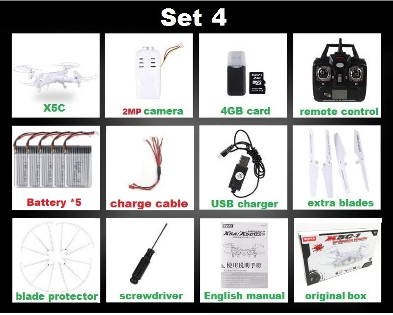 Set4 X5C 2MP 5B B SYMA X5C(обновление версии) дрона с дистанционным управлением 6-Axis Дистанционное Управление вертолет Квадрокоптер Дрон с 2MP HD Камера или X5 дрона с дистанционным управлением без Камера - Цвет: Set4 X5C 2MP 5B B