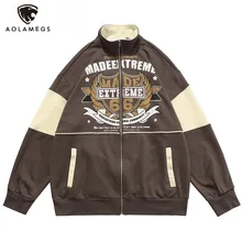 

Aolamegs Zipper Sweatshirt Men Vintage Letter Badge Print Varsity Pullover Oversize Fashion College Style Hip Hop Outwear Couple