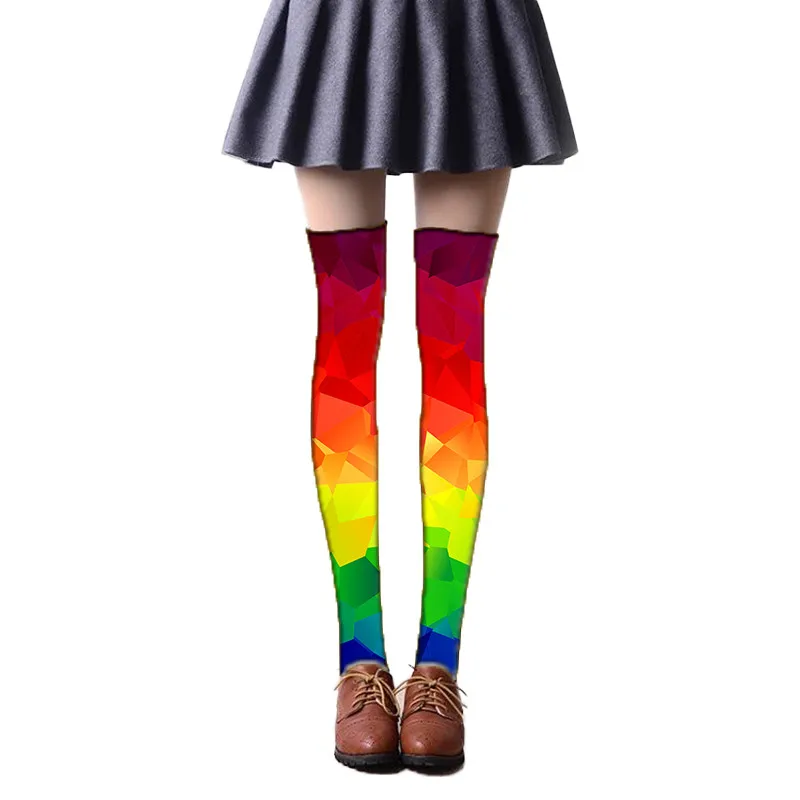 Женские гольфы, женские чулки, милые высокие Разноцветные длинные чулки с 3D принтом радуги для девочек, 5SW36
