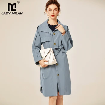 

Women's Runway Trench Coats Turn Down Collar Long Sleeves Single Breasted Sash Belt Fashion Coats Overcoat