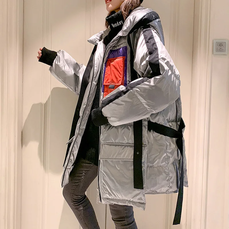 Winter Down Jacket Women Long Hit Color Striped Letter-print Warm Padded Parka Female Plus Size Winter Cotton Outwear