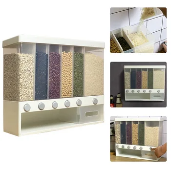 

10KG Wall Mounted Divided Rice and Cereal Dispenser 6 Moisture Proof Plastic Automatic Racks Sealed Food Storage Box