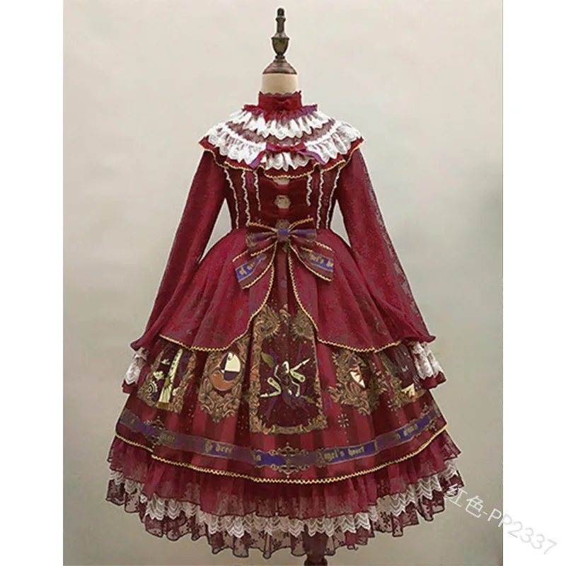 Готическое платье в стиле милой Лолиты, винтажное кружевное платье с бантом и высокой талией, платье в викторианском стиле, платье в стиле каваи для девочек, Готическая Лолита, op cos - Цвет: Красный
