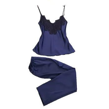 

Custom Name Women's Sleepwear Sexy Satin Pajama Set Lace V-Neck Pyjamas Sleeveless Cute Camis Tops And Long Pants