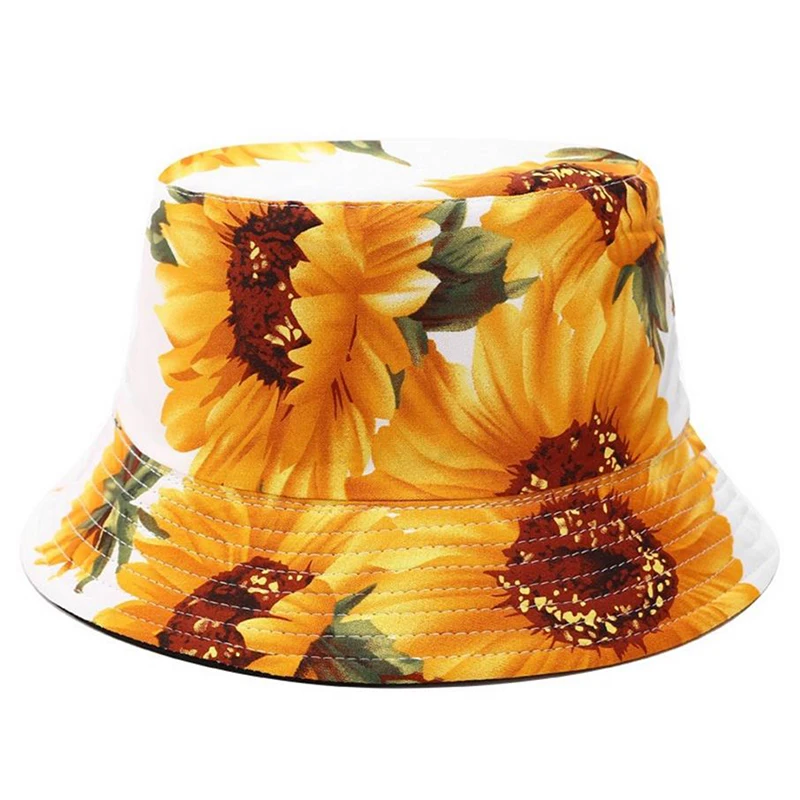 Цветок Подсолнух печати ведро шляпа рыбака шляпа Открытый Путешествия Шляпа От Солнца кепки головные уборы для мужчин и женщин - Цвет: white