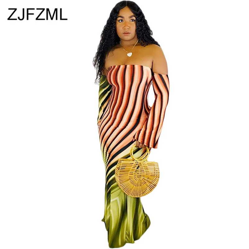 

Off The Shoulder Sexy Long Trumpet Dress Women Backless Colorful Stripes Party Dress 2019 Autumn Long Sleeve Bodycon Dresses
