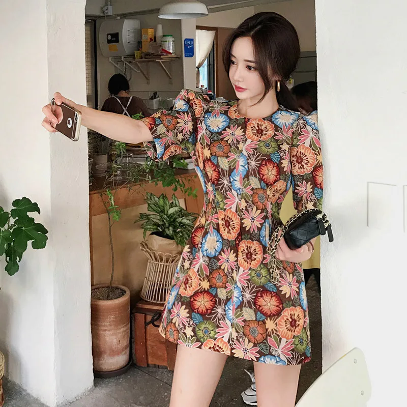 

WOMEN'S Dress 2018 Autumn & Winter New Style Korean-style Elegant Printed Waist Hugging Short Sleeve Fashion Jacquard Base Dress