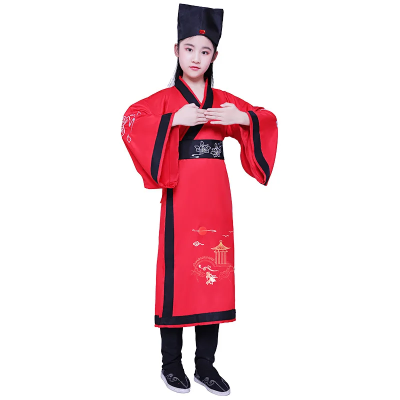 Детские китайские традиционные народные танцевальные костюмы для девочек и мальчиков, одежда для выступлений с древней вышивкой Hanfu, детская одежда на год - Цвет: Бежевый