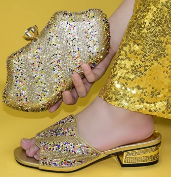 

doershow beautiful Shoes and Bag Set African Sets 2020 gold Color Italian Shoe Bag Set Decorated with Rhinestone!!HGR1-13