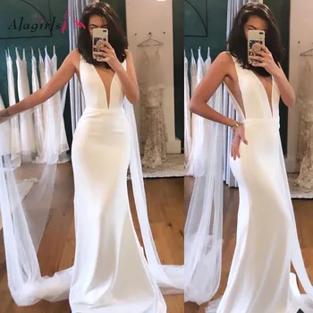 

Sexy Deep V-neck Satin Mermaid Wedding Dress Tank Sleeveless Simple Wedding Gowns Elegant Robe de mariée 2020