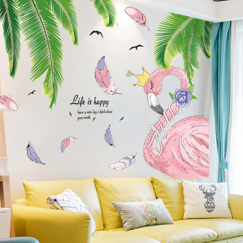 [shijuekongjian] Flamingo Animal Wall Stickers DIY Palm Tree Leaves Decals for Living Room Nursery House Decoration | Дом и сад