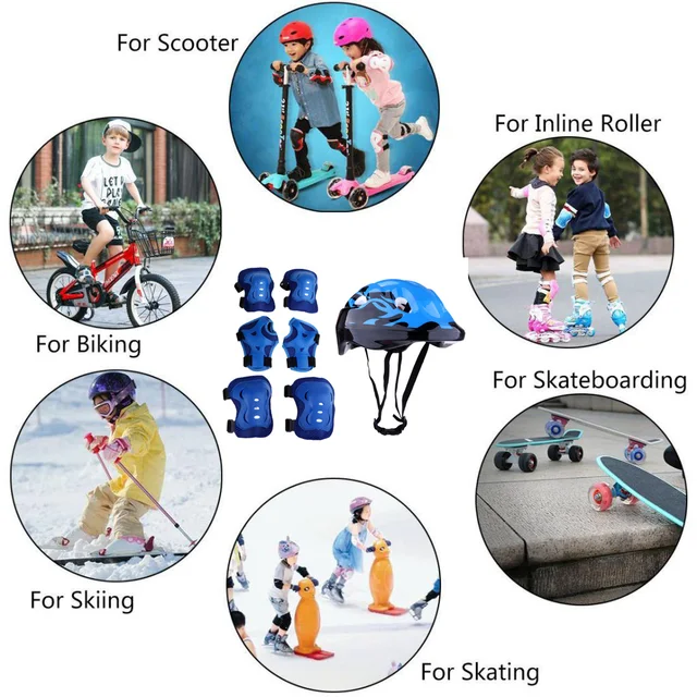 US $13.57 7 Pcs Child Cycling Inline Roller Skating Protective Gear Set - 58-62cm Safety Helmet + Knee & Elbo