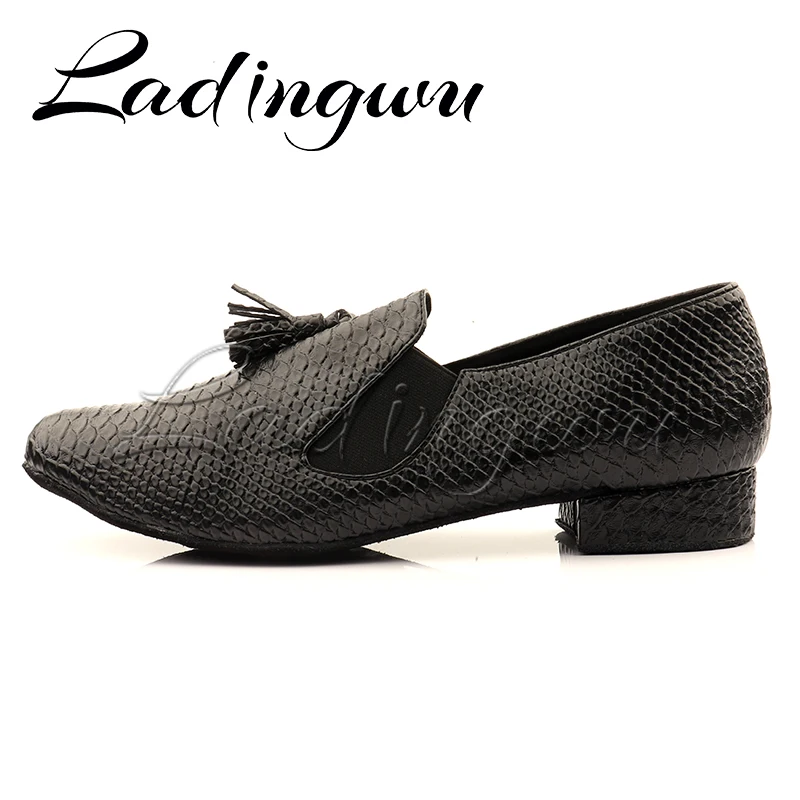 Ladingwu New Modern Men's Soft Bottom Ballroom Dance Shoes Black Crocodile Texture PU Men Latin Dance Shoes Modern Latin Dance