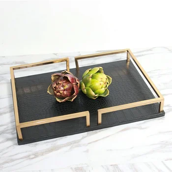 

European Black Leather Metal Rectangular Tray with Handle Home Decoration Storage Supplies Modern Home Decoration Leather Tray