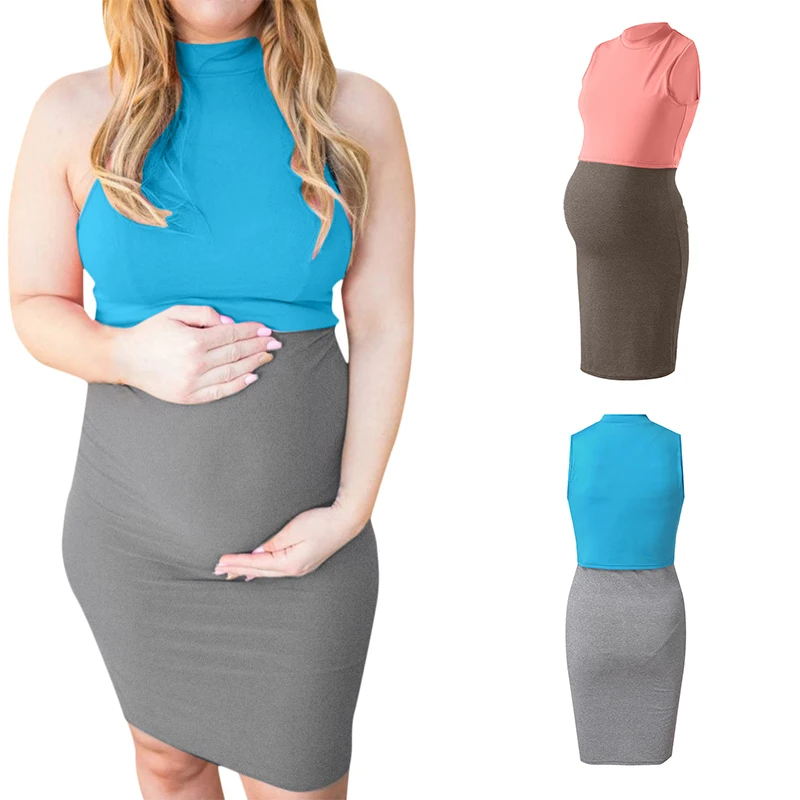 

Pregnant Dress Women Maternity Nursing Breastfeeding Summer Sleeveless Two-Color Stitching Dress Mother Maternity Clothes