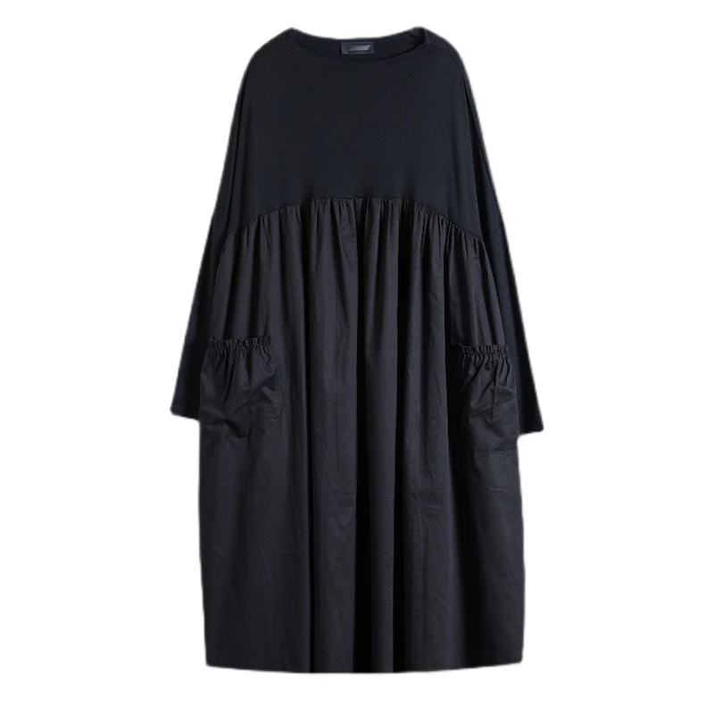 Long Sleeve Black Big Pocket Patchwork Dresses For Women Loose Casual Vintage Dress Fashion Elegant Clothing Spring Autumn 2025
