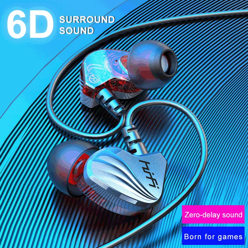 Sports Gaming Наушники 6D Surround Bass Wire Control Earplugs In-Ear Headphones Ipx5 Waterproof For Apple Huawei Samsung Mobile
