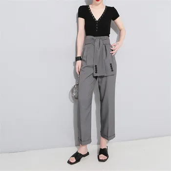 

Women Casual pencil pant 2020 new style high waist knotted button design Office Lady Work Ankle-Length Pants trousers with Belt