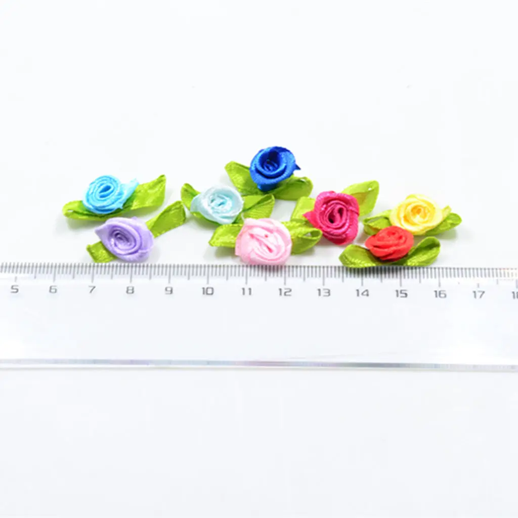 100 Pieces 15mm/0.59'' Flower Satin Ribbon Rose Buds Leaf Wedding Home Decor DIY Hairband Bow Sewing Crafts